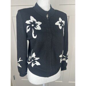 Vtg Toula Santana Knit Wool Zip Up Sweater Black & White Leather Women's Sz 8